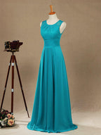 Long Chiffon Bridesmaid Dress with Jewel Neck A-line Sleeveless Double Lace Straps