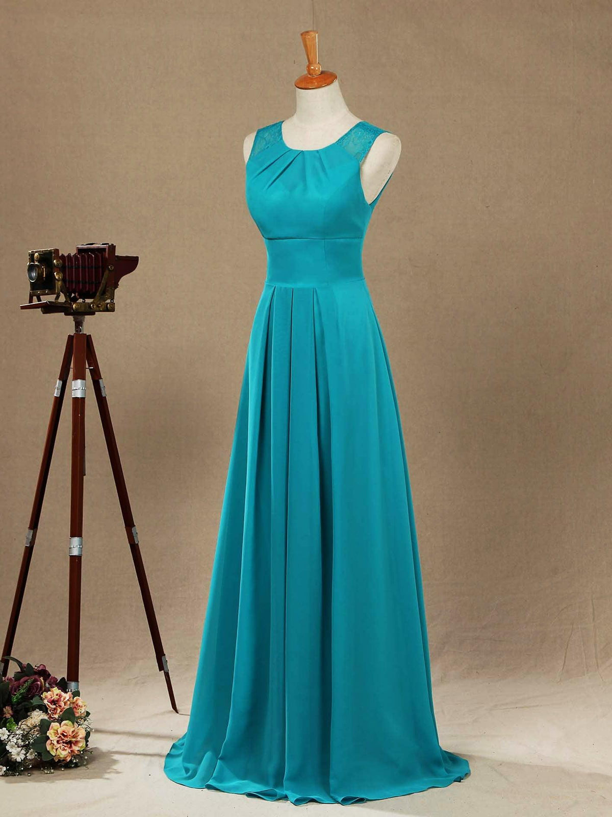 Long Chiffon Bridesmaid Dress with Jewel Neck A-line Sleeveless Double Lace Straps