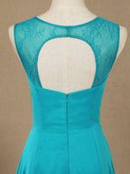 Long Chiffon Bridesmaid Dress with Jewel Neck A-line Sleeveless Double Lace Straps