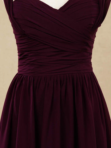 A-Linie Träger Bodenlanges Chiffon Brautjungfernkleid Herzausschnitt 