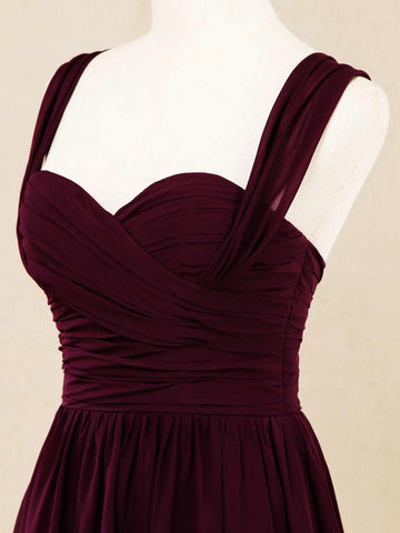 A-Linie Träger Bodenlanges Chiffon Brautjungfernkleid Herzausschnitt 