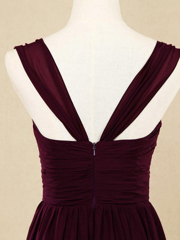 A-Linie Träger Bodenlanges Chiffon Brautjungfernkleid Herzausschnitt 