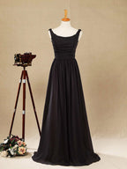 A-Linie, U-Ausschnitt, bodenlanges Chiffon-Brautjungfernkleid, Wasserfallausschnitt mit gerüschtem Faltende 