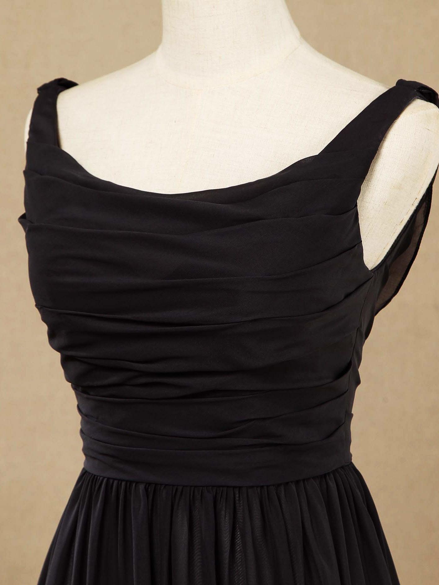 A-Linie, U-Ausschnitt, bodenlanges Chiffon-Brautjungfernkleid, Wasserfallausschnitt mit gerüschtem Faltende 