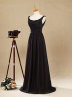A-Linie, U-Ausschnitt, bodenlanges Chiffon-Brautjungfernkleid, Wasserfallausschnitt mit gerüschtem Faltende 