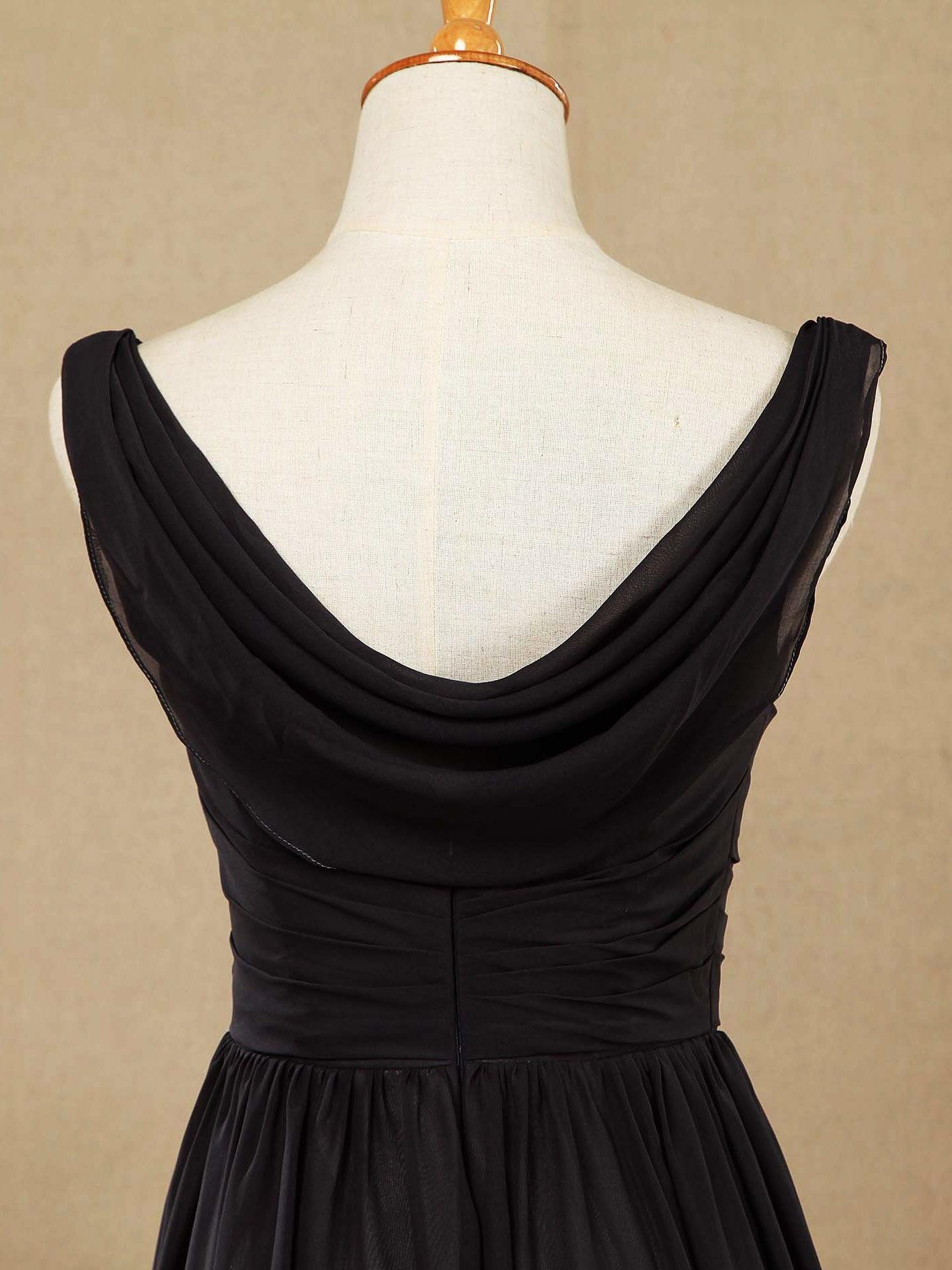 A-Linie, U-Ausschnitt, bodenlanges Chiffon-Brautjungfernkleid, Wasserfallausschnitt mit gerüschtem Faltende 