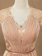 Numbersea Spitzen-Brautjungfernkleid aus Chiffon mit V-Ausschnitt und Flügelärmeln, durchsichtiger Rücken mit Knopf 