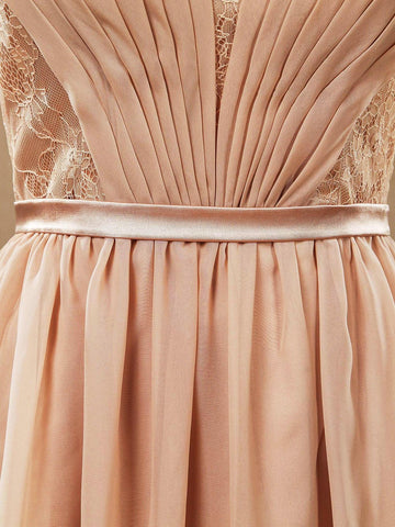 Numbersea Lace match Chiffon Bridesmaid Dress V-neck with Cap Sleeves See Through Back with Button
