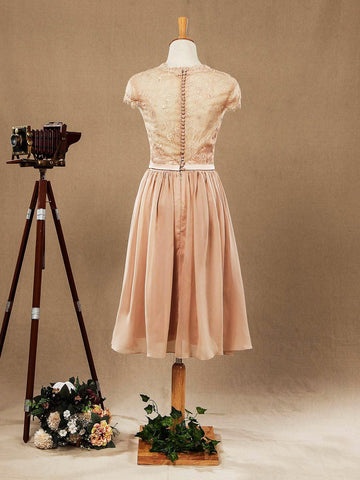 Numbersea Lace match Chiffon Bridesmaid Dress V-neck with Cap Sleeves See Through Back with Button