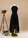 Vestido de dama de honor de corte A, de gasa, alto bajo, escote joya y tirantes finos