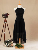 Vestido de dama de honor de corte A, de gasa, alto bajo, escote joya y tirantes finos