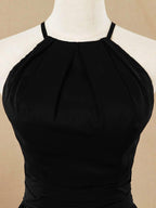 Vestido de dama de honor de corte A, de gasa, alto bajo, escote joya y tirantes finos