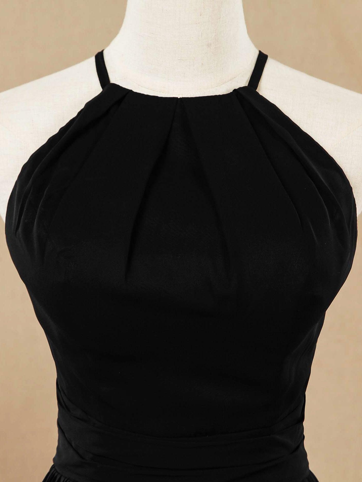 Vestido de dama de honor de corte A, de gasa, alto bajo, escote joya y tirantes finos