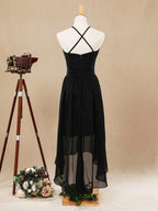Vestido de dama de honor de corte A, de gasa, alto bajo, escote joya y tirantes finos