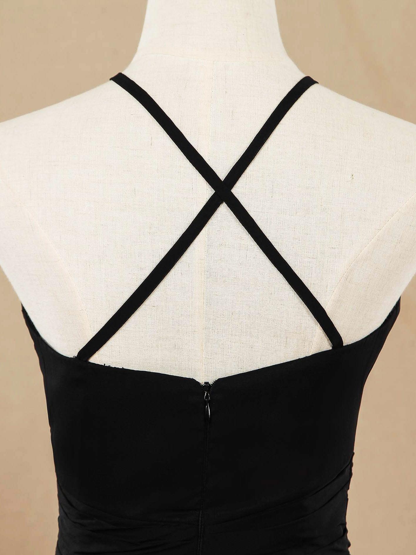 Vestido de dama de honor de corte A, de gasa, alto bajo, escote joya y tirantes finos