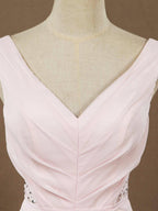 Long Chiffon Bridesmaid dress V-neck V-back Straps Ruching with Beads Decoration