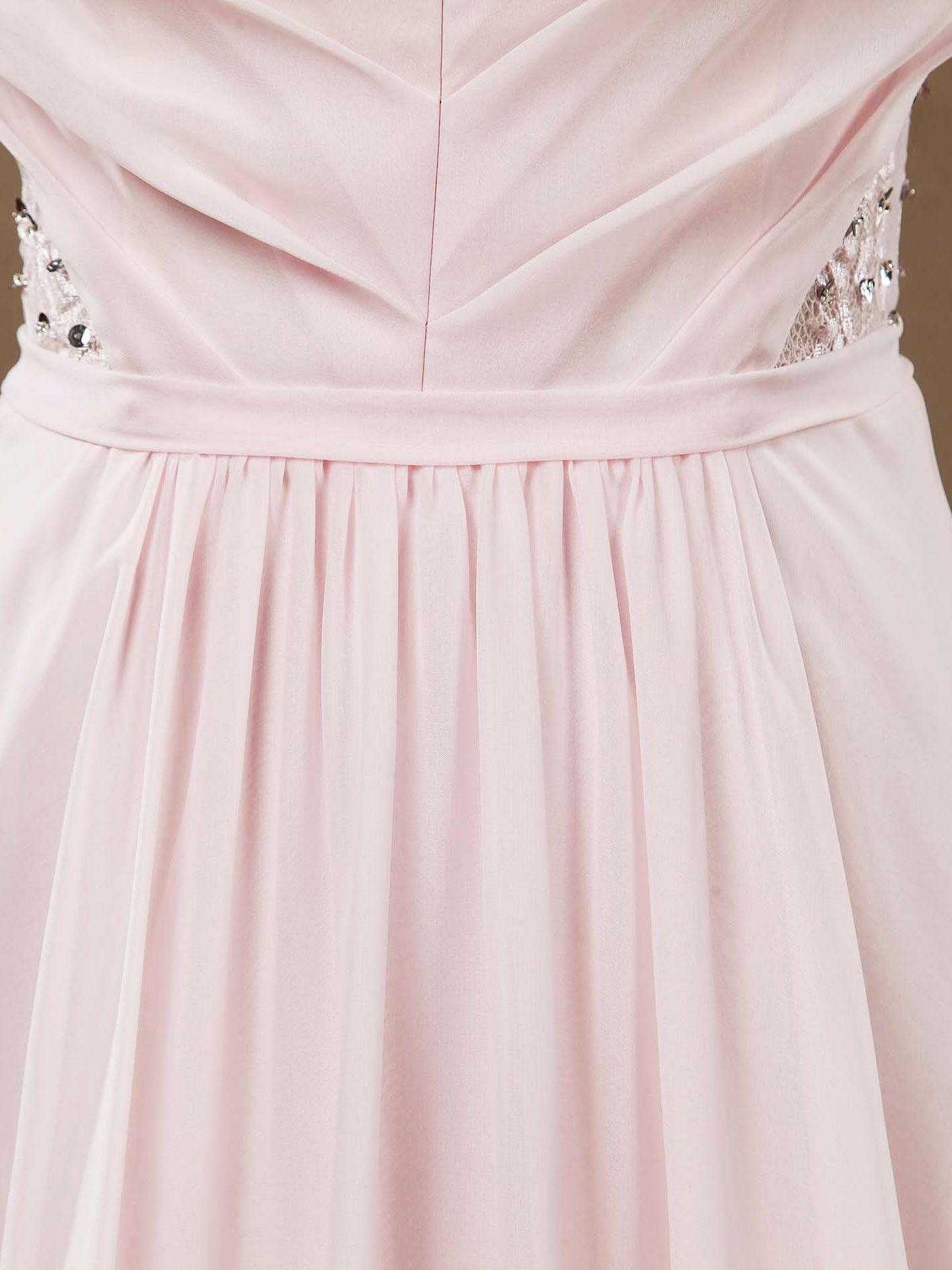 Long Chiffon Bridesmaid dress V-neck V-back Straps Ruching with Beads Decoration