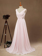 Long Chiffon Bridesmaid dress V-neck V-back Straps Ruching with Beads Decoration