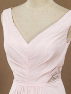 Long Chiffon Bridesmaid dress V-neck V-back Straps Ruching with Beads Decoration