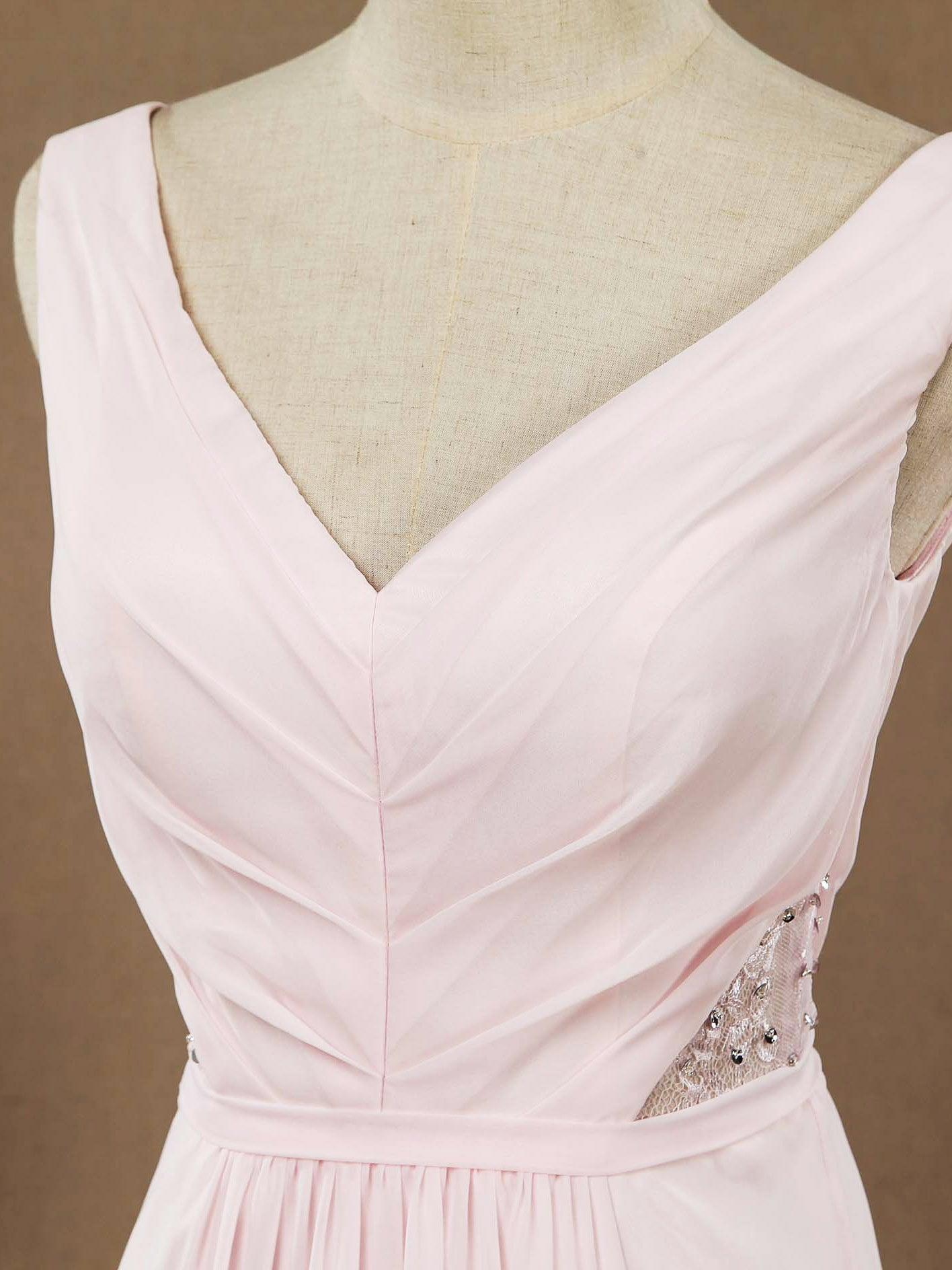 Long Chiffon Bridesmaid dress V-neck V-back Straps Ruching with Beads Decoration