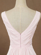 Long Chiffon Bridesmaid dress V-neck V-back Straps Ruching with Beads Decoration
