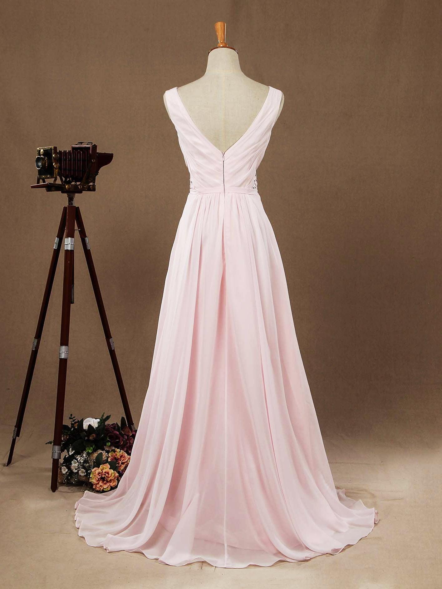 Long Chiffon Bridesmaid dress V-neck V-back Straps Ruching with Beads Decoration