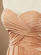Vestidos de dama de honor de gasa hasta el suelo, escote corazón, sin tirantes y frunces entrecruzados