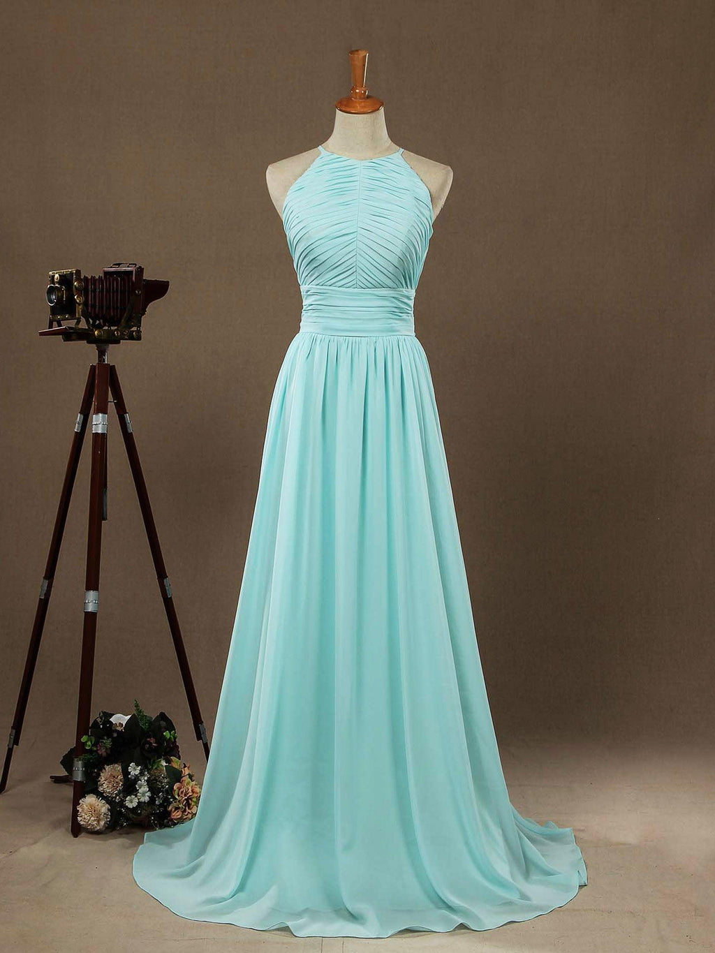 Chiffon Bodenlange Ballkleider A-Linie Neckholder Offener Rücken Falten 