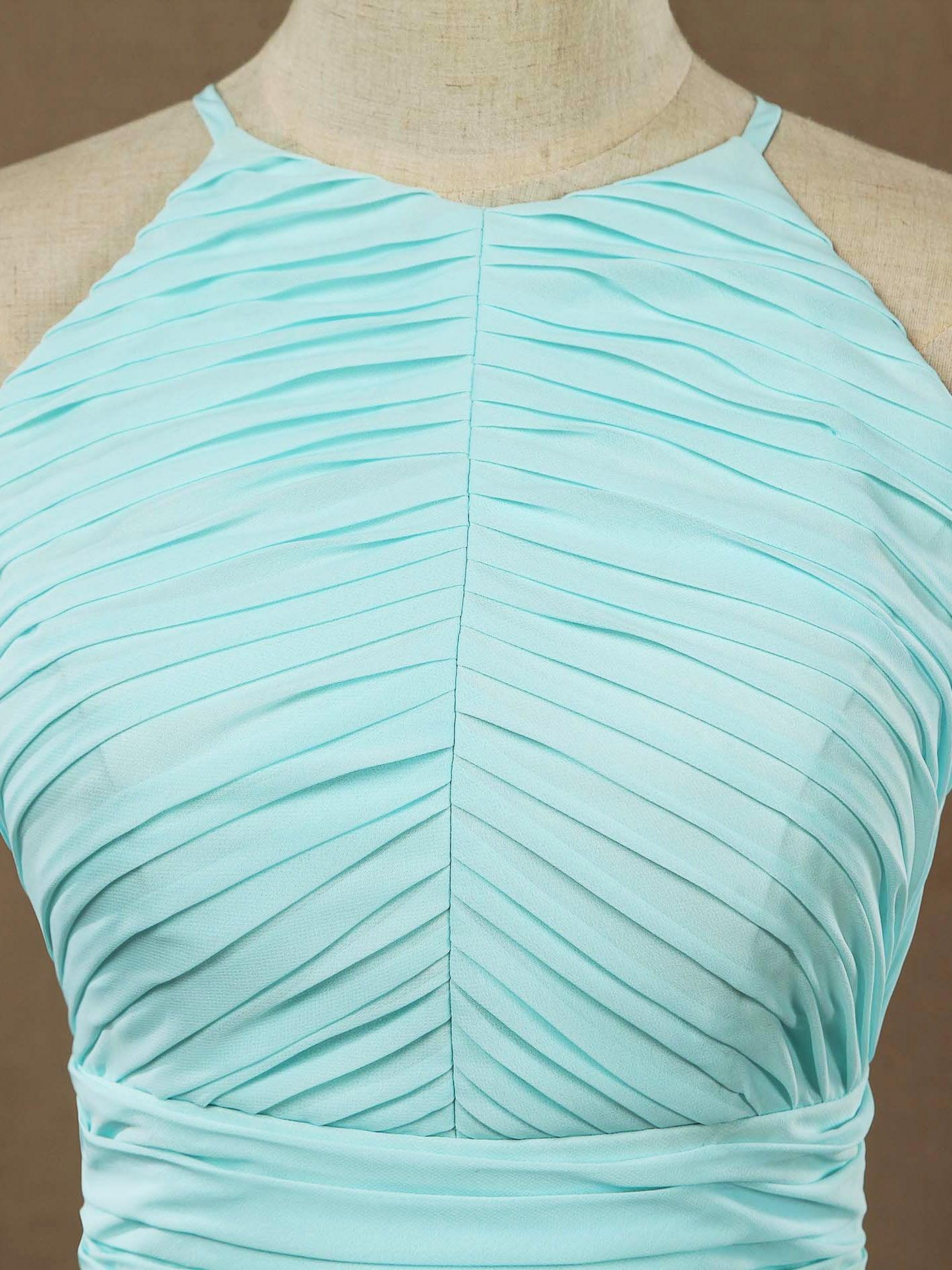 Numbersea Chiffon Floor Length Prom Dresses A-Line Halter Open Back Pleats