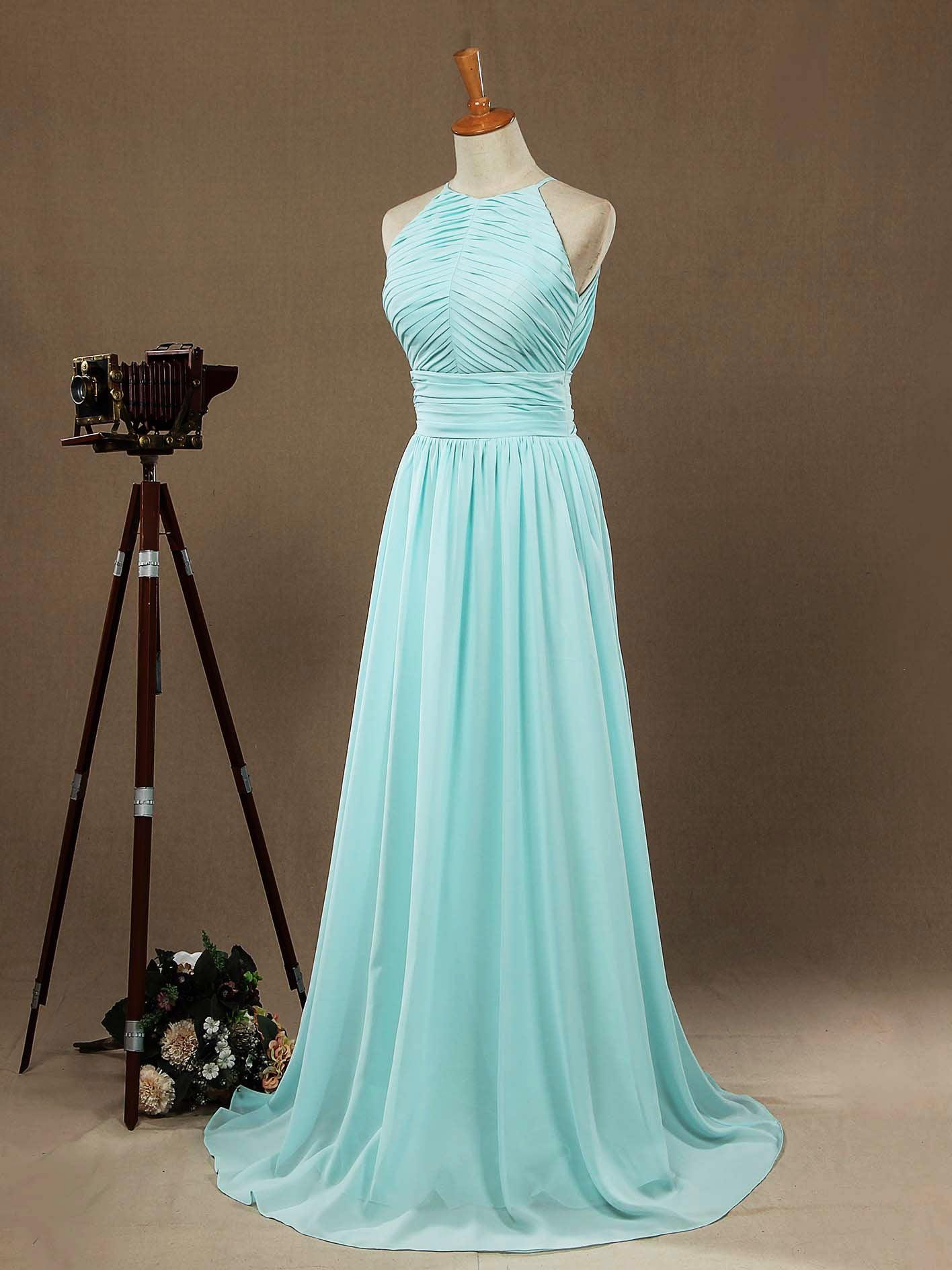 Numbersea Chiffon Floor Length Prom Dresses A-Line Halter Open Back Pleats