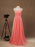 A-Linie, U-Ausschnitt, Spaghettiträger, bodenlanges Chiffon-Brautjungfernkleid mit Rüschen 
