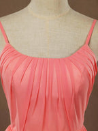A-Linie, U-Ausschnitt, Spaghettiträger, bodenlanges Chiffon-Brautjungfernkleid mit Rüschen 