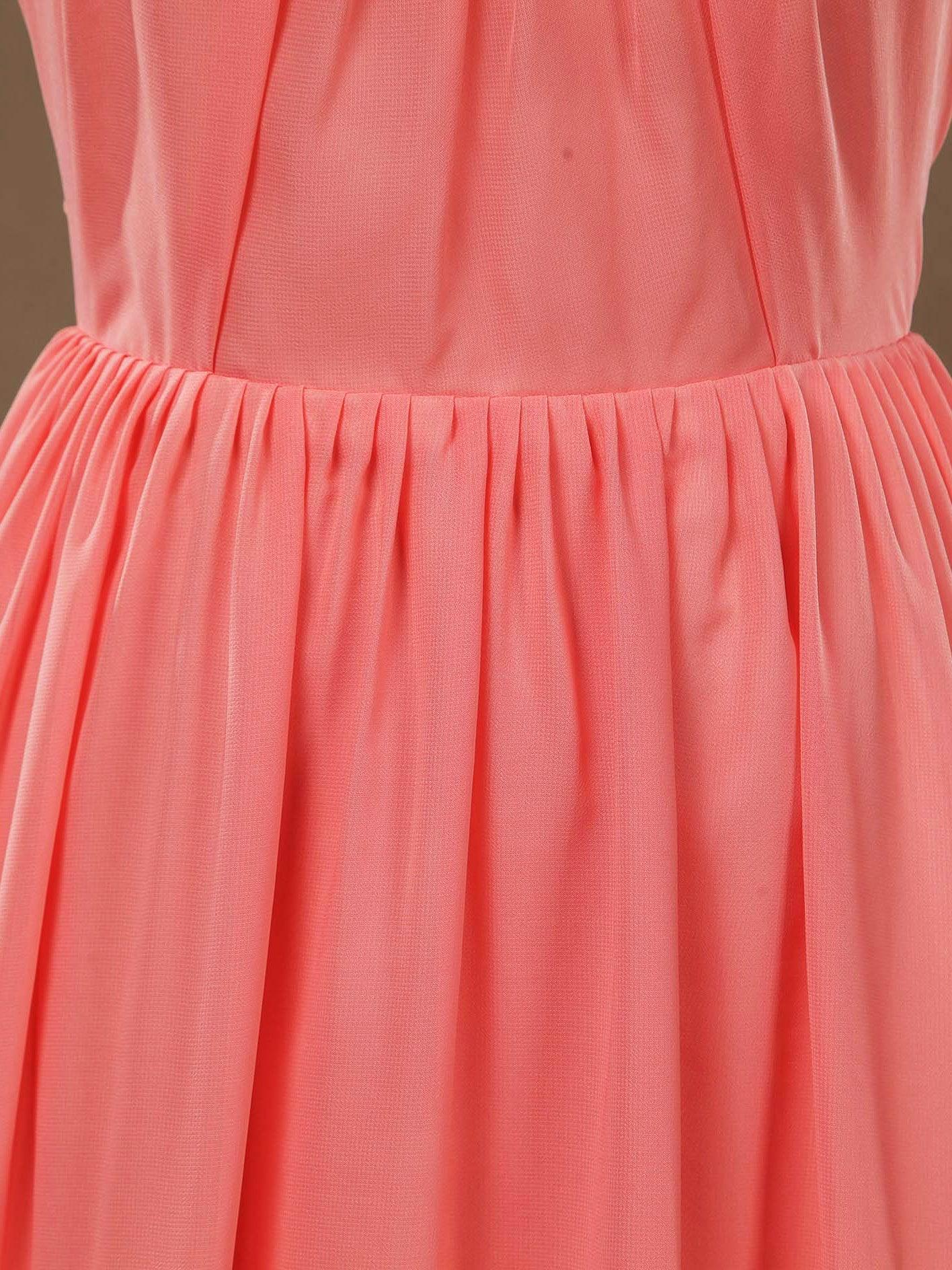 A-Linie, U-Ausschnitt, Spaghettiträger, bodenlanges Chiffon-Brautjungfernkleid mit Rüschen 