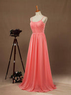 A-Linie, U-Ausschnitt, Spaghettiträger, bodenlanges Chiffon-Brautjungfernkleid mit Rüschen 