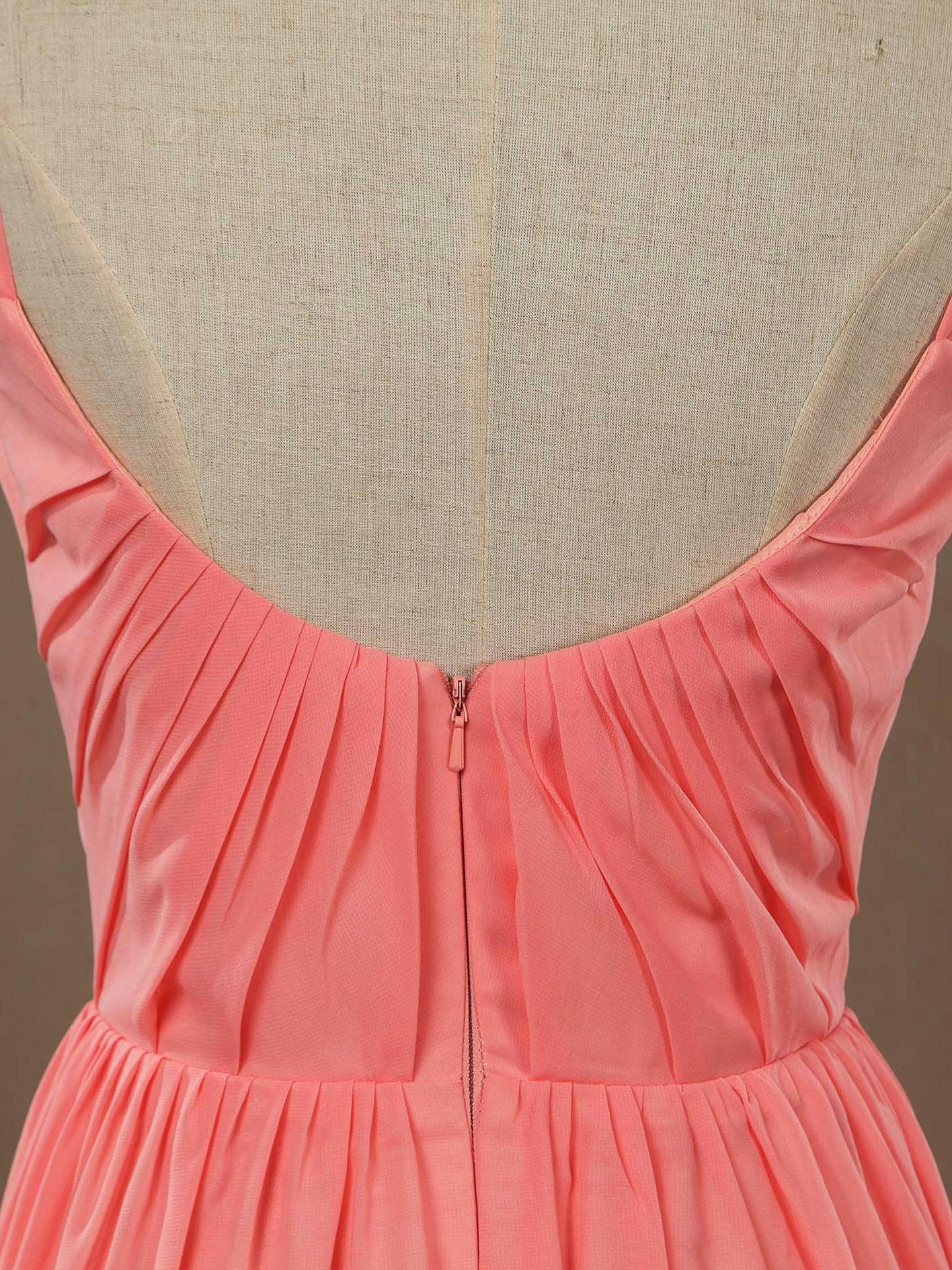 A-Linie, U-Ausschnitt, Spaghettiträger, bodenlanges Chiffon-Brautjungfernkleid mit Rüschen 