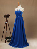 Vestido de dama de honor de gasa con tirantes finos, corte A y pliegues fruncidos