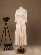 Numbersea Sheath Column Tea Length Chiffon Bridesmaid Dress with Long See Through Sleeves