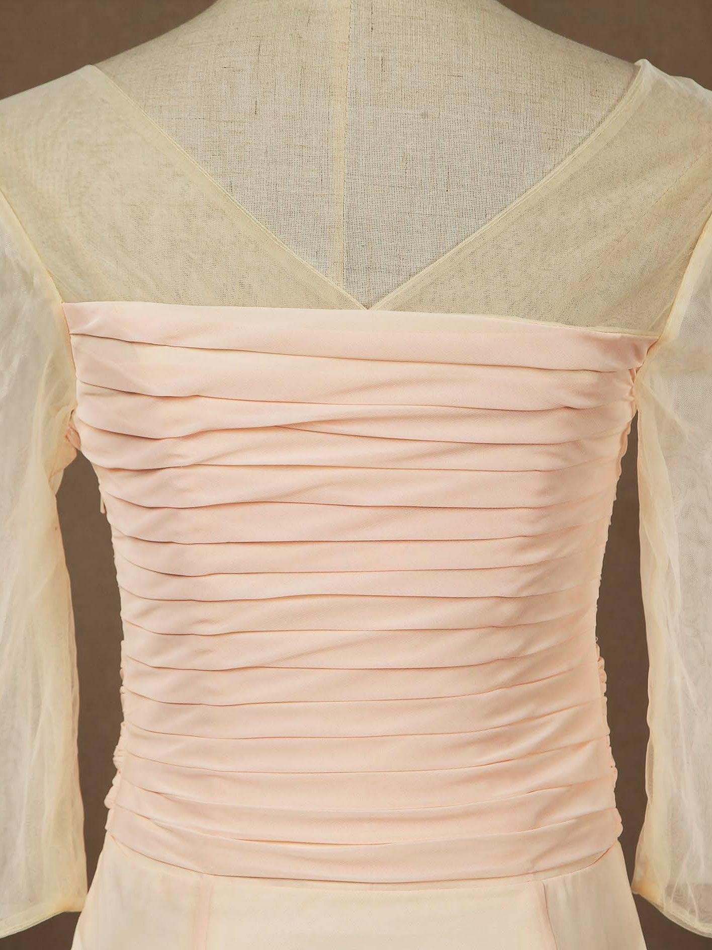Numbersea Sheath Column Tea Length Chiffon Bridesmaid Dress with Long See Through Sleeves