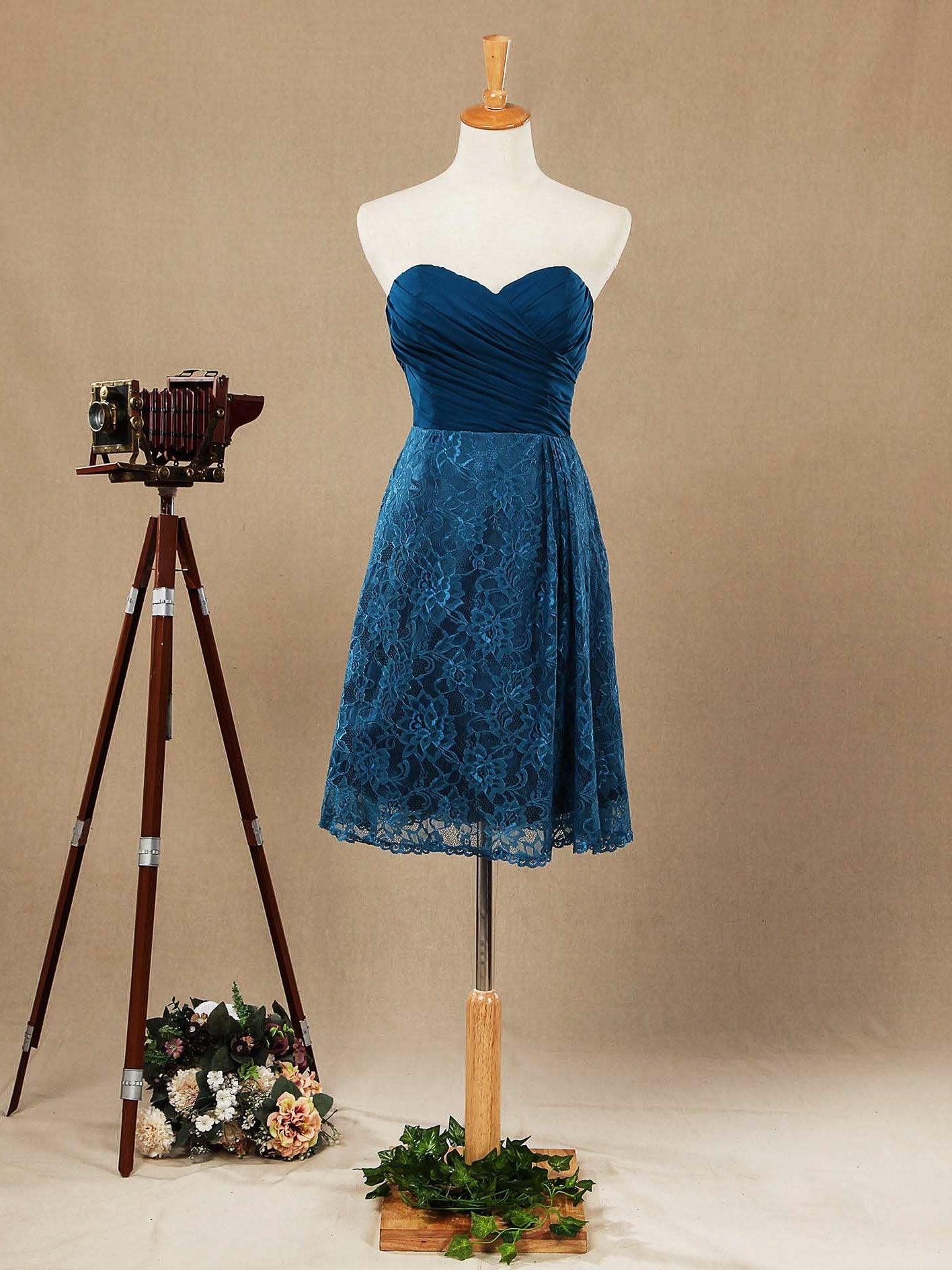 NumberSea - A - line Chiffon Mix Lace Bridesmaid Dress Knee - length Sweetheart With Ruching