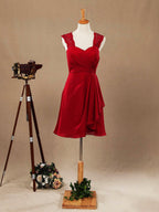 Vestido de dama de honor de gasa con tirantes de encaje, corte A, sin mangas y largo hasta la rodilla