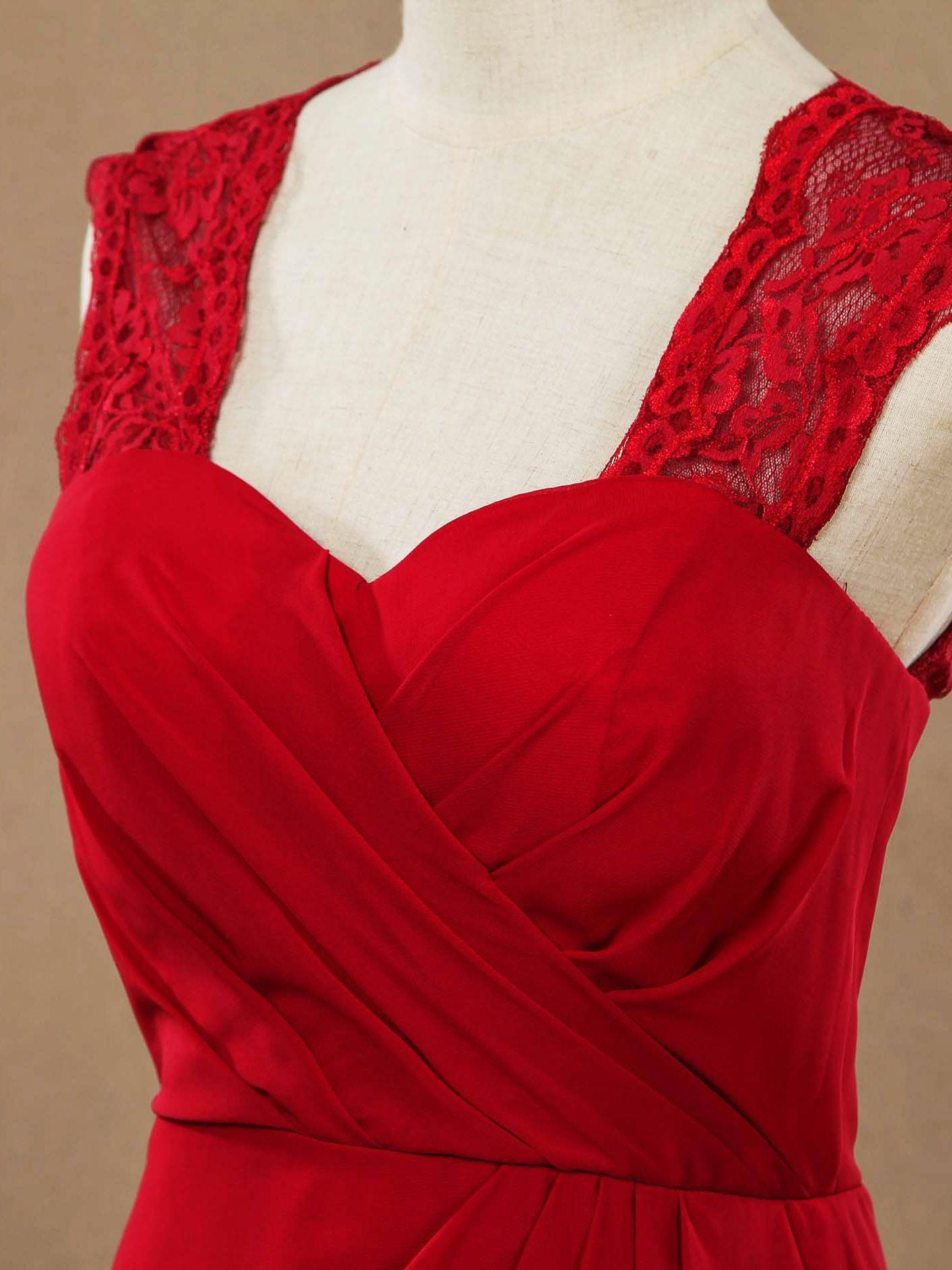 Vestido de dama de honor de gasa con tirantes de encaje, corte A, sin mangas y largo hasta la rodilla