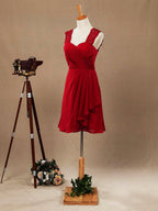 Vestido de dama de honor de gasa con tirantes de encaje, corte A, sin mangas y largo hasta la rodilla