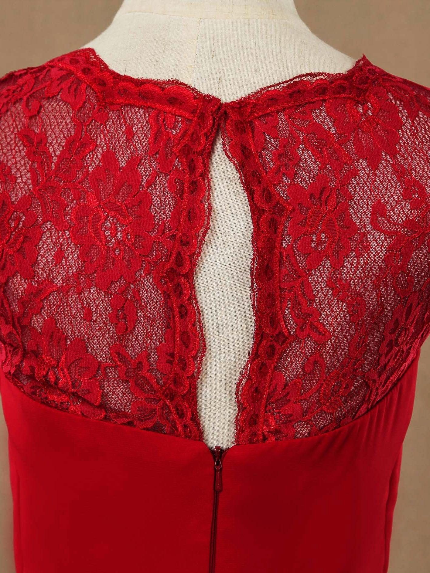 Vestido de dama de honor de gasa con tirantes de encaje, corte A, sin mangas y largo hasta la rodilla