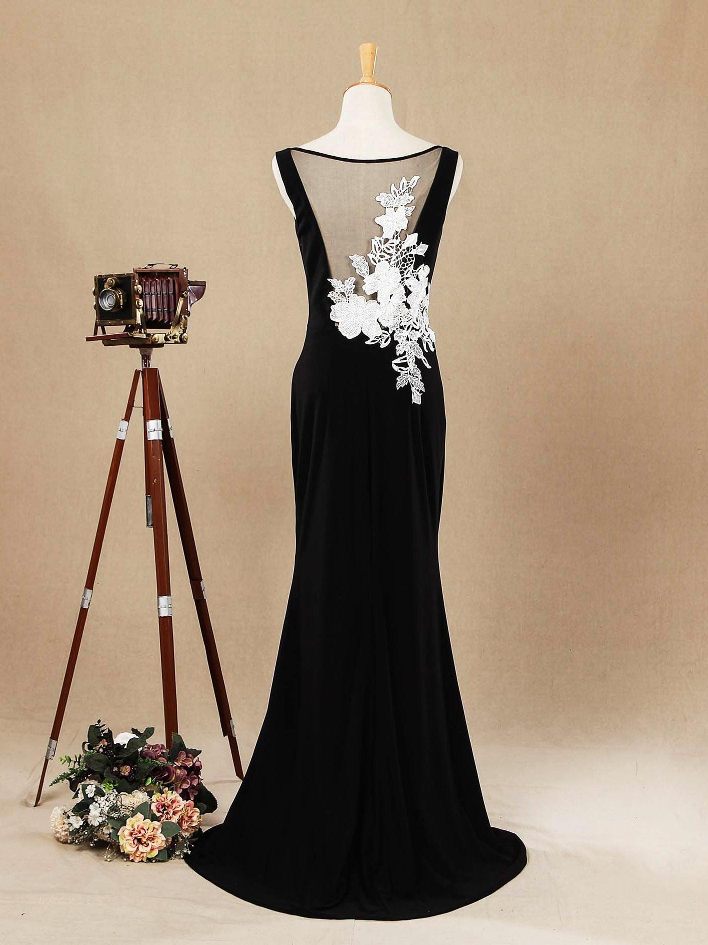 Numbersea Mermaid / Trumpet Scoop Neck Straps Chiffon Floor Length Evening Dress with White Appliques