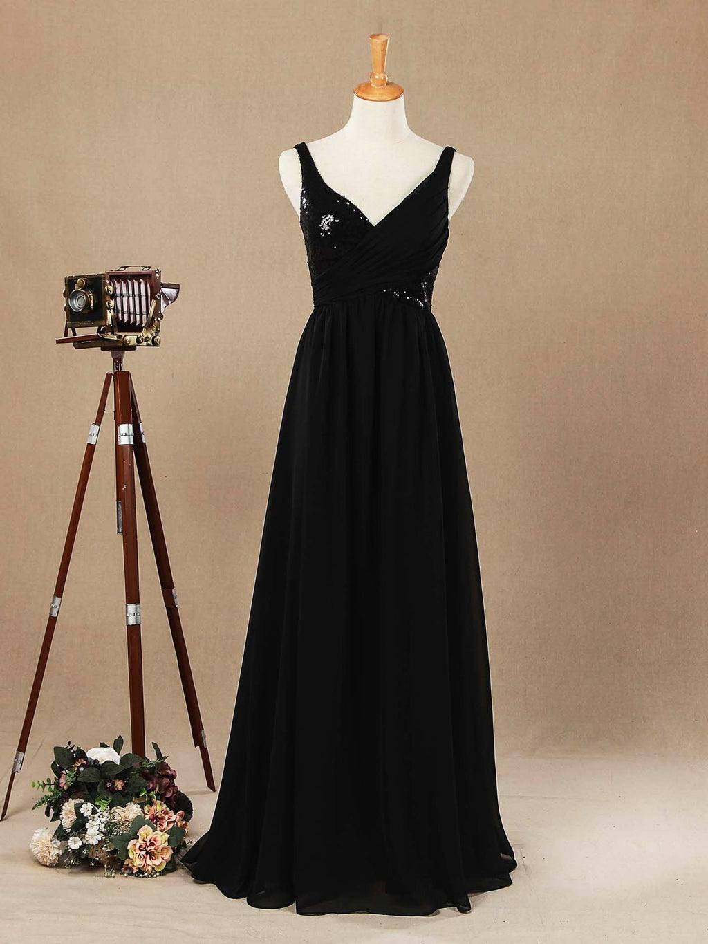 Vestido de dama de honor de gasa con escote en V, largo hasta el suelo, con lentejuelas y frunces