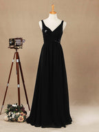 Vestido de dama de honor de gasa con escote en V, largo hasta el suelo, con lentejuelas y frunces