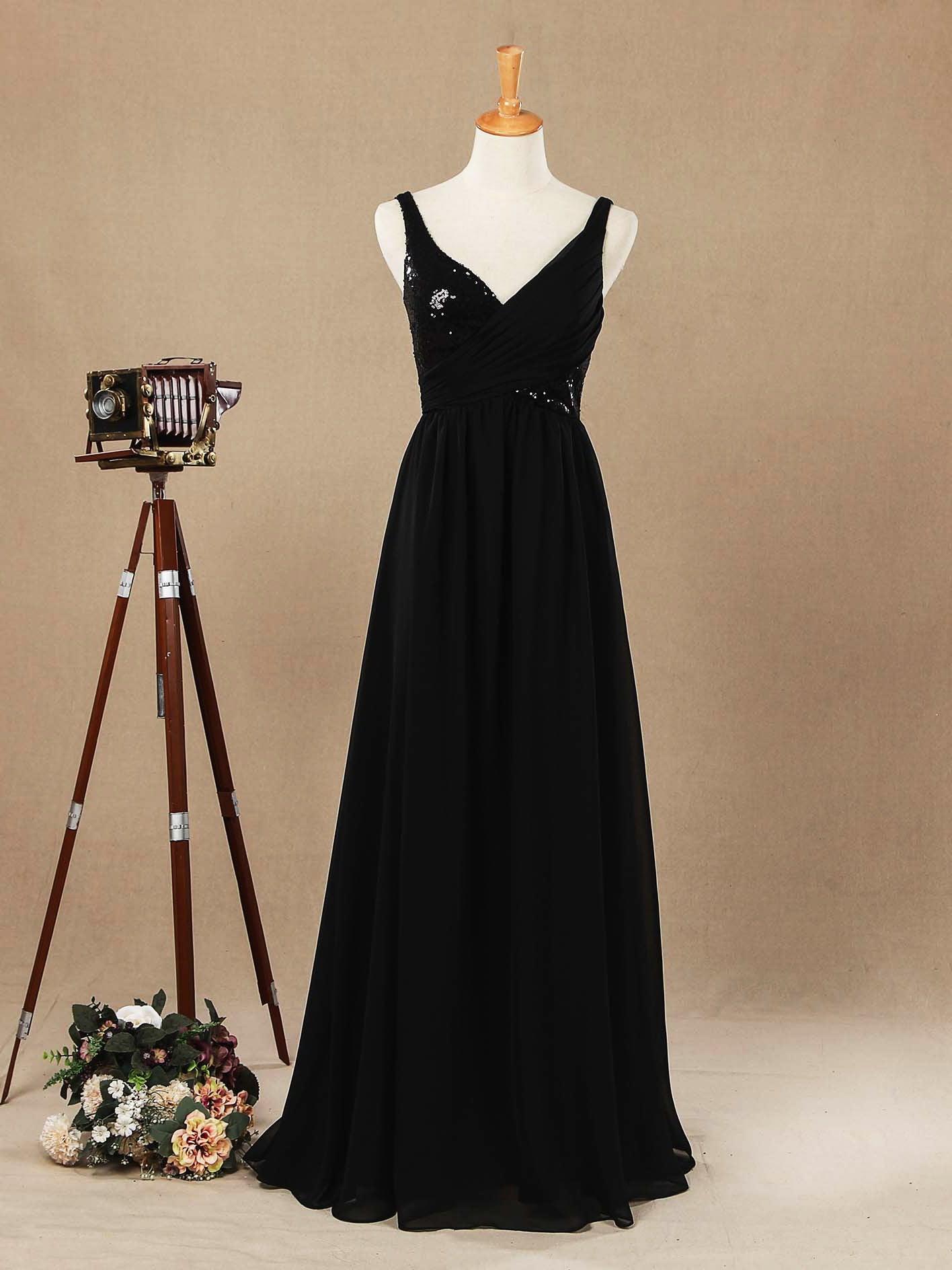 Vestido de dama de honor de gasa con escote en V, largo hasta el suelo, con lentejuelas y frunces