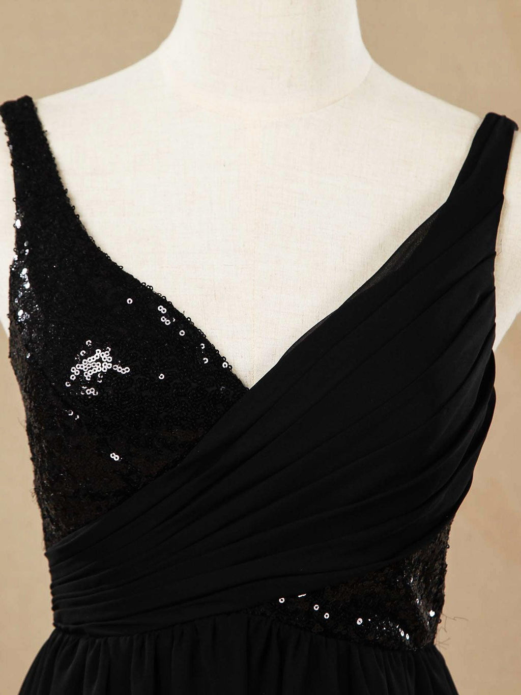Vestido de dama de honor de gasa con escote en V, largo hasta el suelo, con lentejuelas y frunces