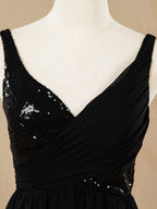 Vestido de dama de honor de gasa con escote en V, largo hasta el suelo, con lentejuelas y frunces