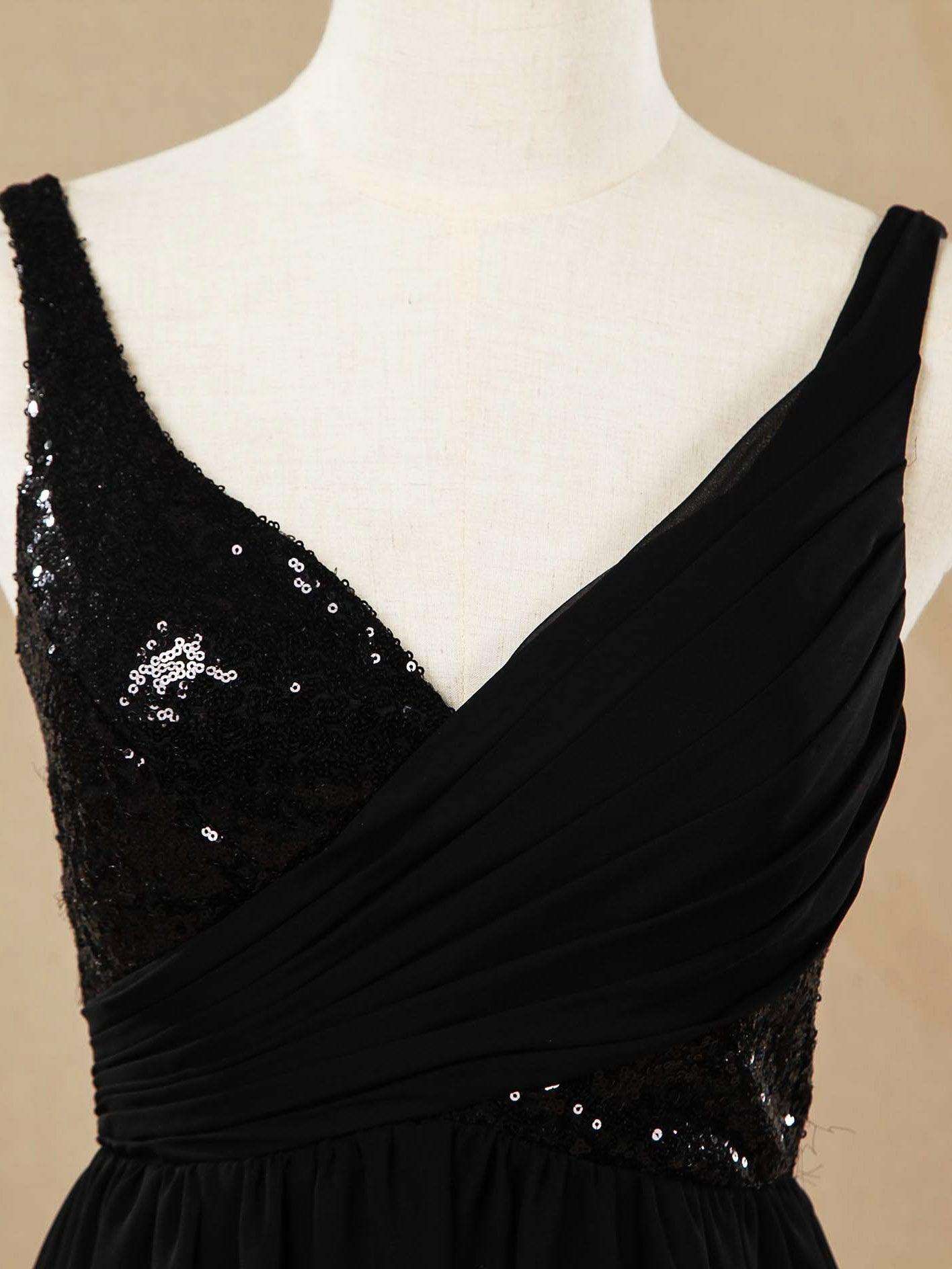 Vestido de dama de honor de gasa con escote en V, largo hasta el suelo, con lentejuelas y frunces